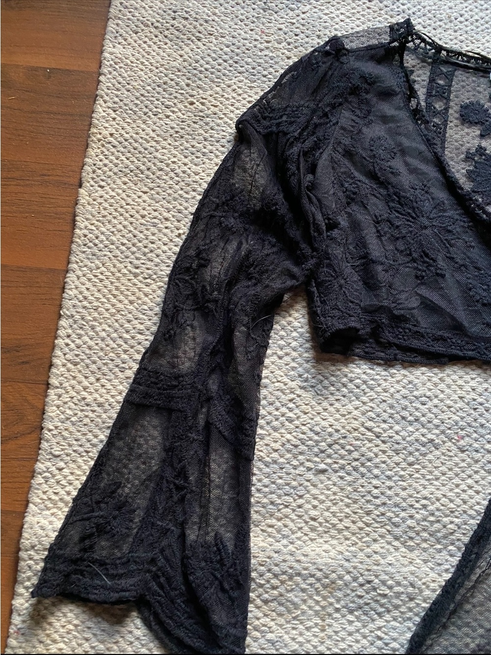FAVLUX Black Lace Tie-Front Crop Top with Sheer Sleeves - Picture 3 of 5